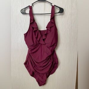 Firpearl Burgundy One-Piece Swimsuit | Ruffle V-Neck | Size 22W